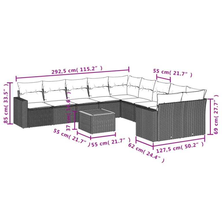 11-dijelni set vrtnih sofa od poliratana s jastucima crni