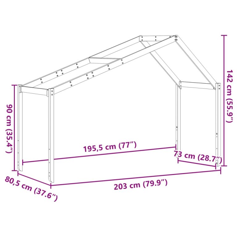 Krov za dječji krevet 203 x 80,5 x 142 cm od masivne borovine