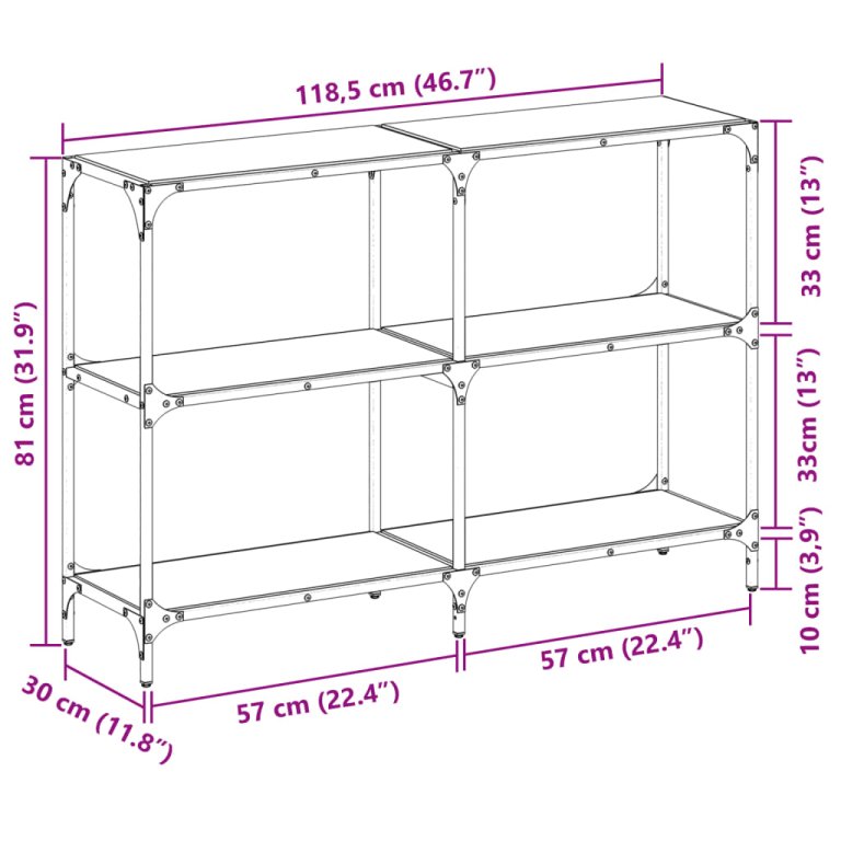 Konzolni stol s crnom staklenom površinom 118,5x30x81cm čelični