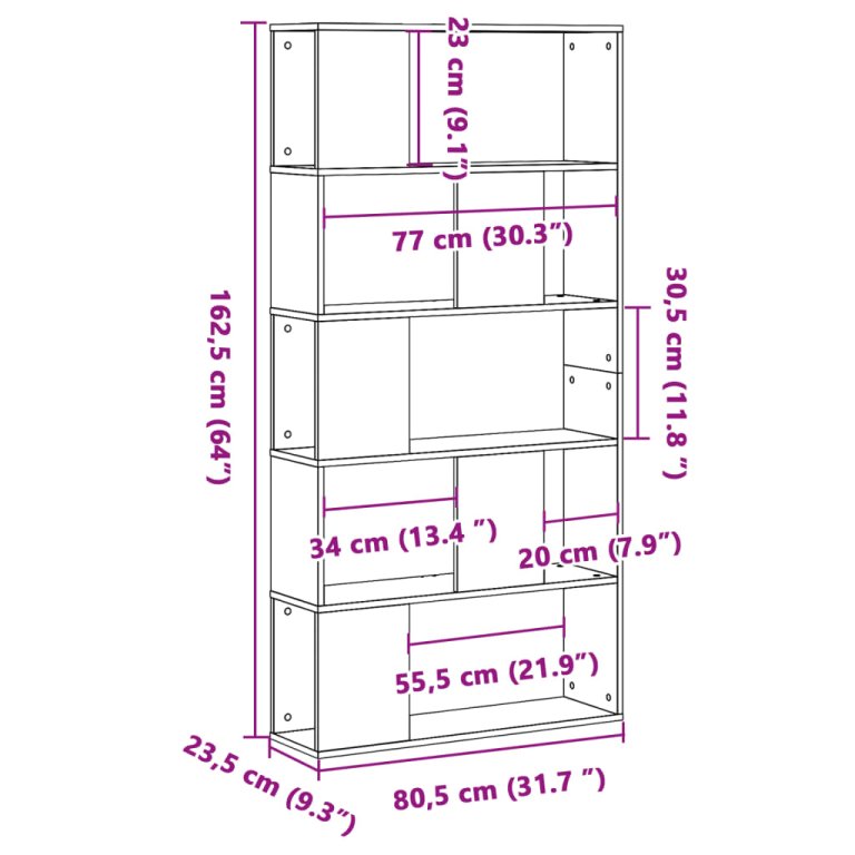 Regal za knjige s 5 razina boja hrasta 80,5x23,5x162,5cm drveni