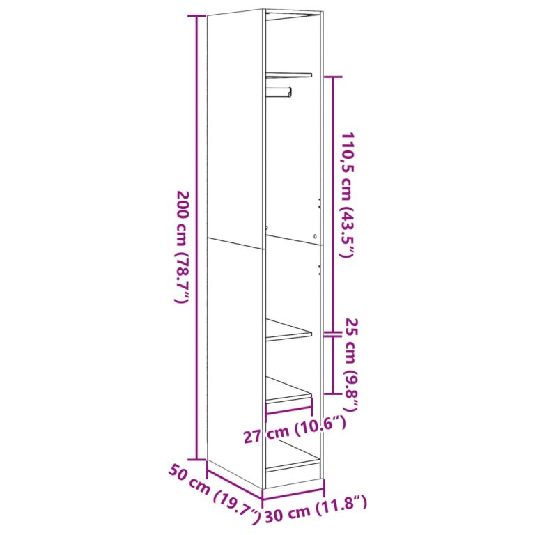 Ormar crni 30 x 50 x 200 cm od konstruiranog drva