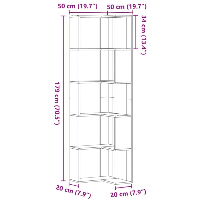 Kutni regal za knjige s 5 razine boja hrasta 50x50x179cm drveni