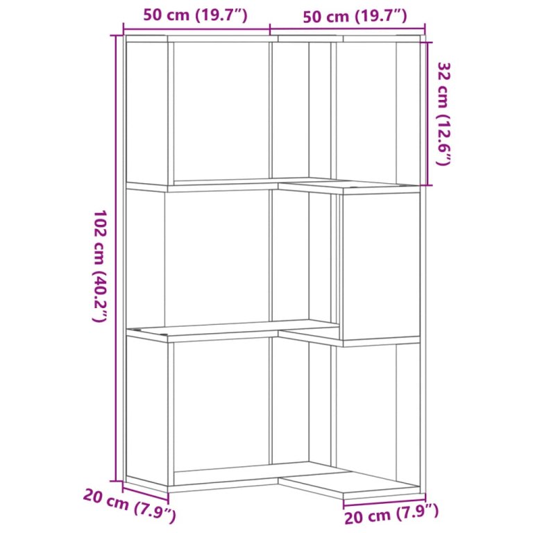 Kutni regal za knjige s 3 razine crni 50 x 50 x 102 cm drveni