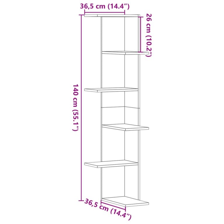 Kutna zidna polica crna 36,5x36,5x140 cm konstruirano drvo