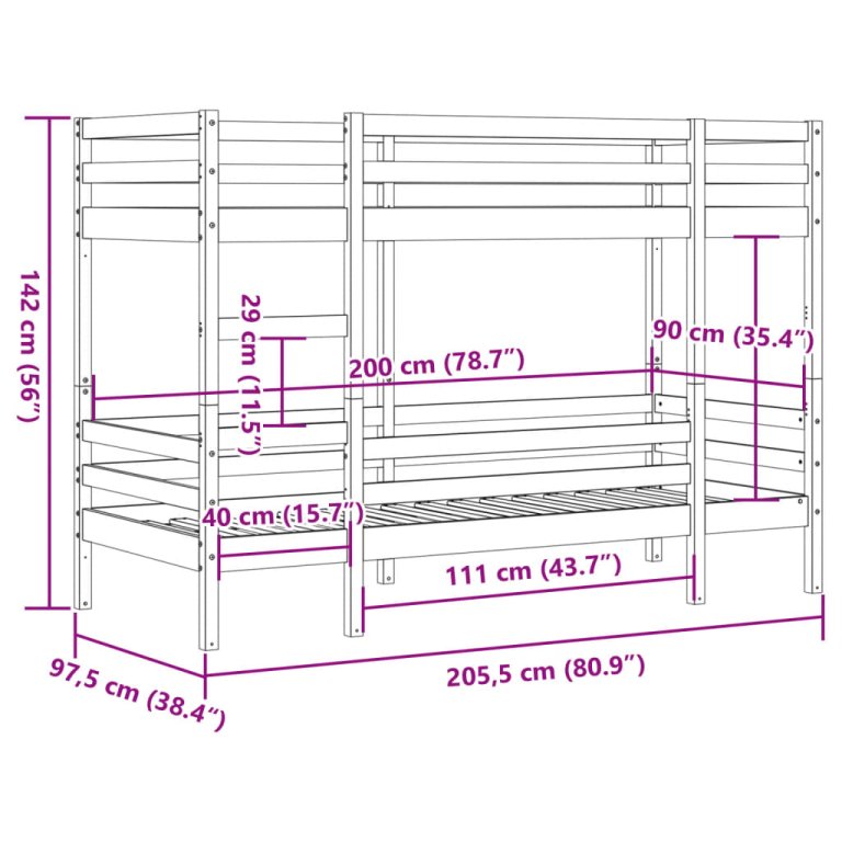 Krevet na kat bijeli 90 x 200 cm od masivne borovine