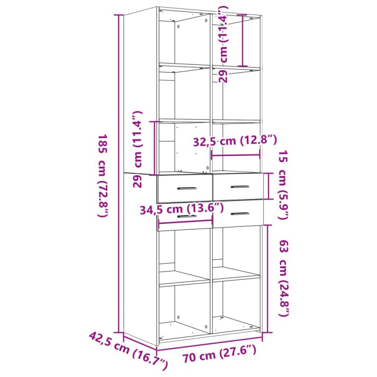 Visoka komoda boja betona 70x42,5x185 cm od konstruiranog drva