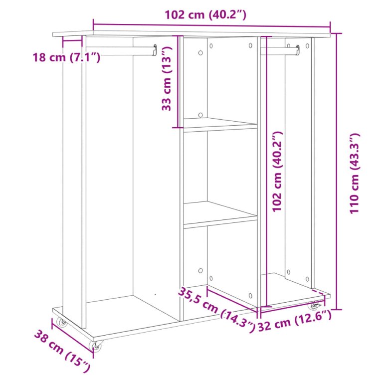 Ormar s kotačima boja betona 102x38x110 cm konstruirano drvo