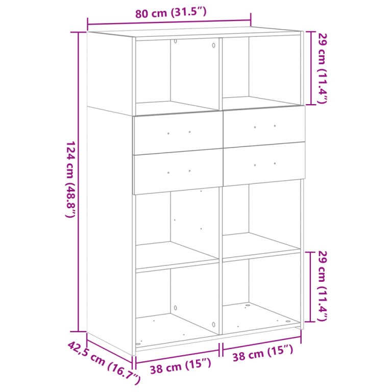 Visoka komoda boja hrasta 80 x 42,5 x 124 cm konstruirano drvo