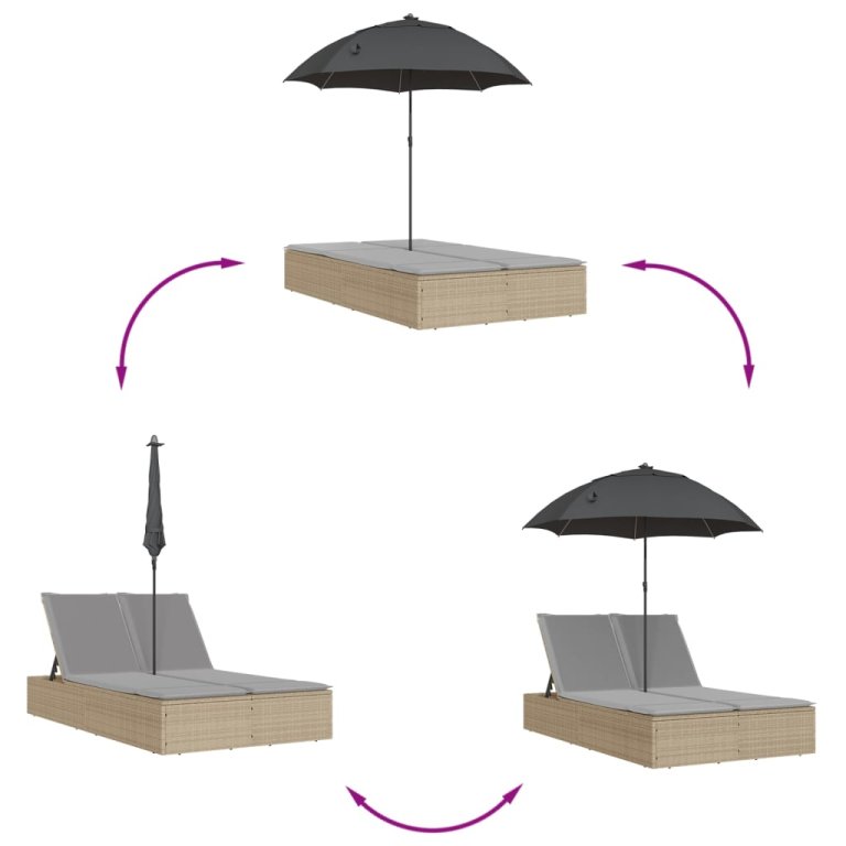 Dvostruka ležaljka s jastucima i suncobranom bež od poliratana