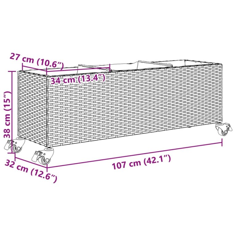 Vrtna sadilica s kotačima 3 posude smeđa 107x32x38 cm poliratan