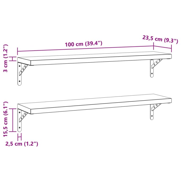 Zidne police 2 kom 100 x 23,5 cm srebrne nehrđajući čelik