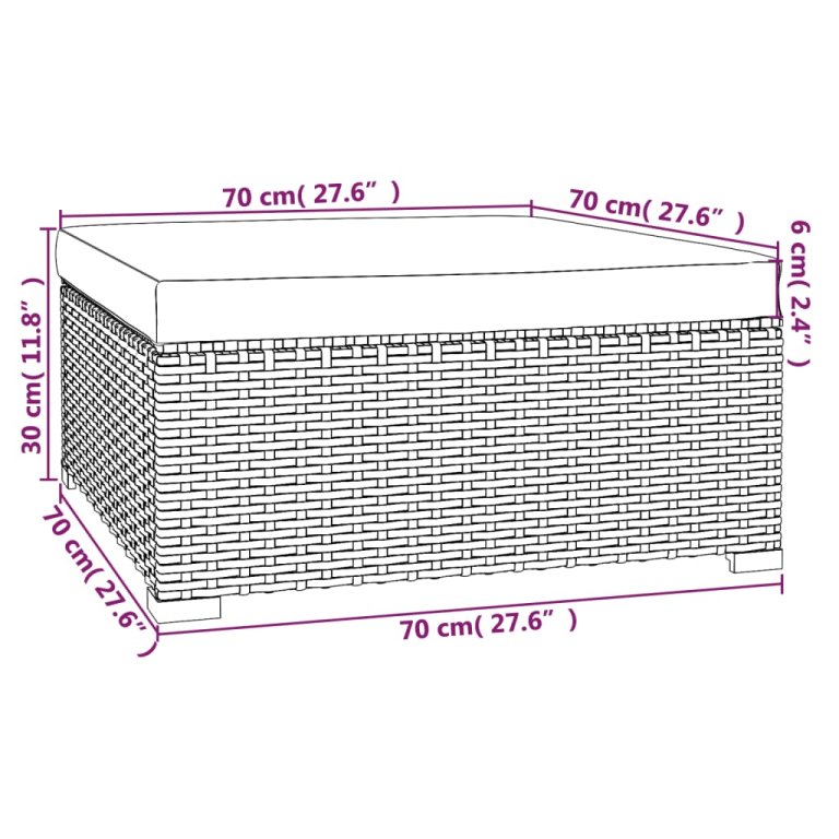 Vrtni tabure s jastukom sivi 70 x 70 x 30 cm od poliratana