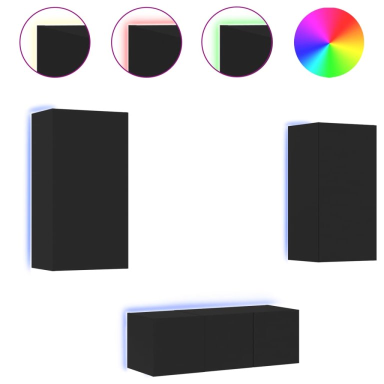 4-dijelni zidni TV elementi s LED svjetlima crni drveni