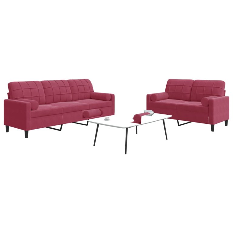 2-dijelni set sofa s jastucima crvena boja vina baršunasti