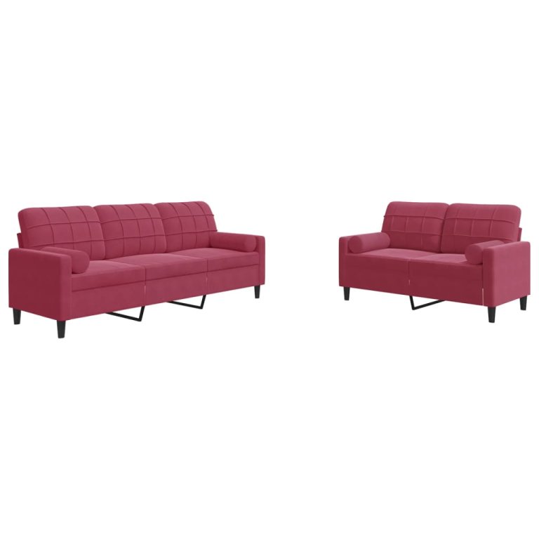 2-dijelni set sofa s jastucima crvena boja vina baršunasti