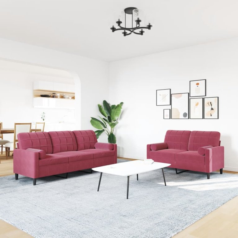 2-dijelni set sofa s jastucima crvena boja vina baršunasti