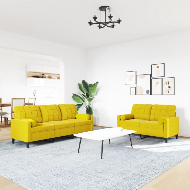 2-dijelni set sofa s jastucima žuti baršunasti