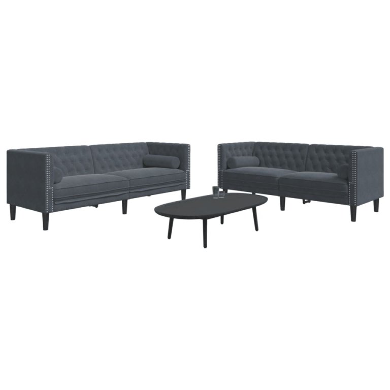 2-dijelni set sofa Chesterfield tamnosivi baršunasti