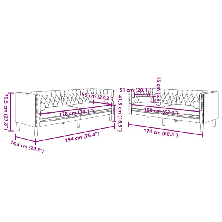 2-dijelni set sofa Chesterfield tamnosivi baršunasti