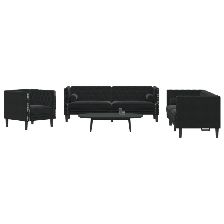 3-dijelni set sofa Chesterfield crni baršunasti