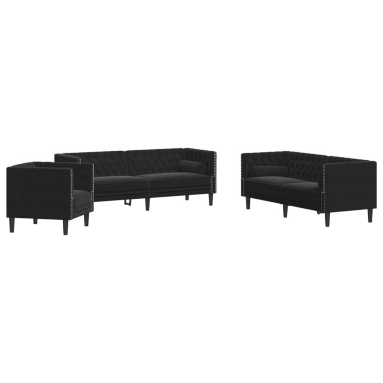 3-dijelni set sofa Chesterfield crni baršunasti