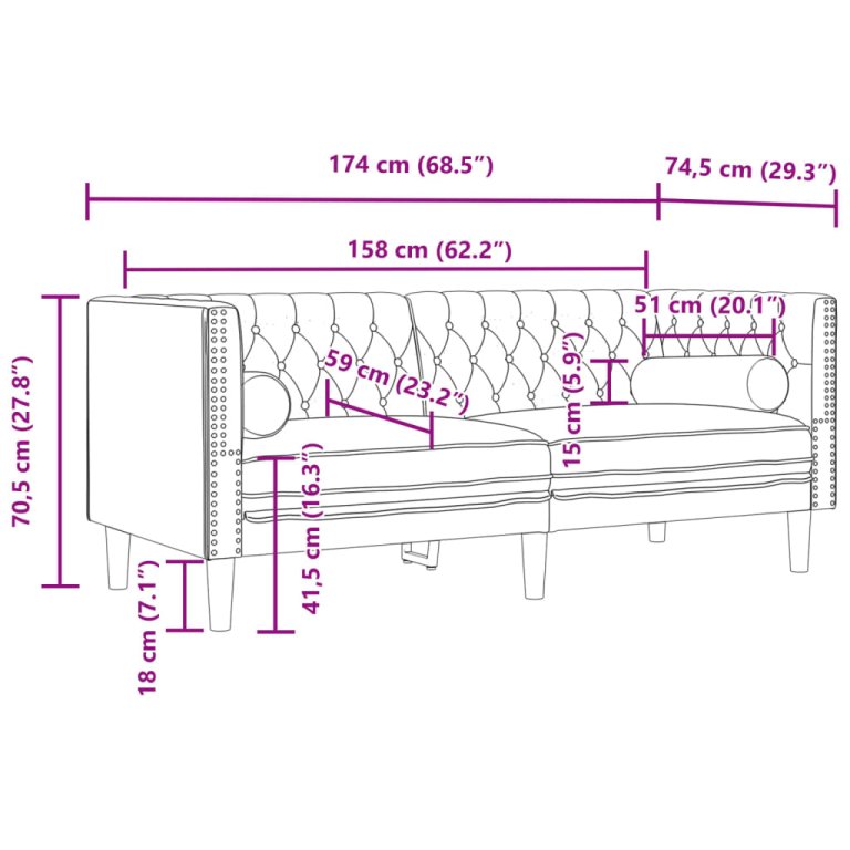 3-dijelni set sofa Chesterfield crni baršunasti