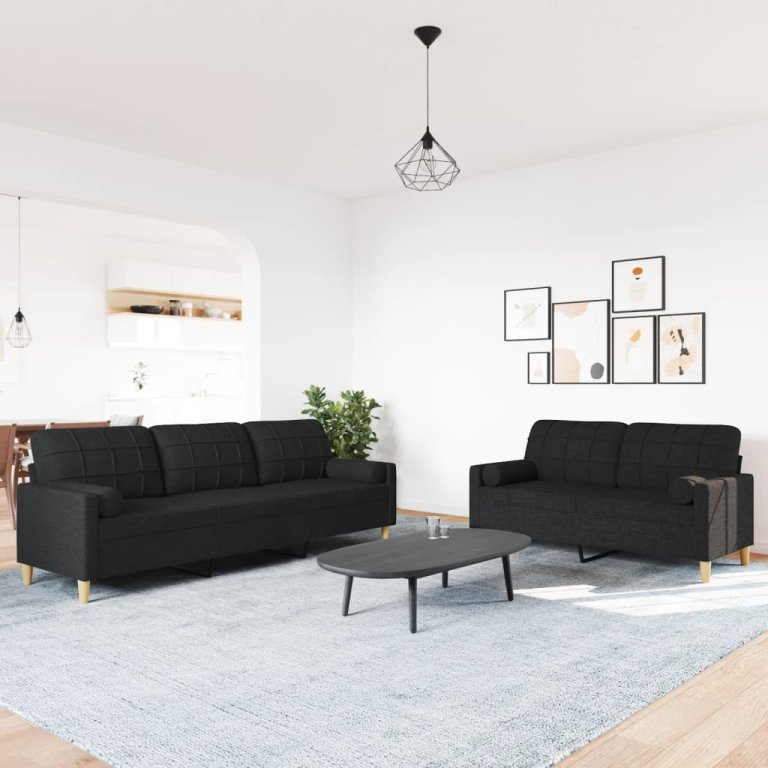 2-dijelni set sofa s ukrasnim jastucima crni od tkanine