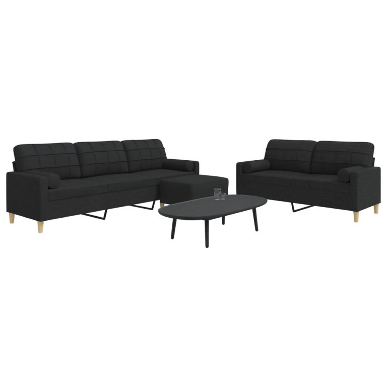 3-dijelni set sofa s tabureom i jastucima crni tkanina