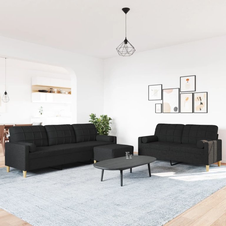 3-dijelni set sofa s tabureom i jastucima crni tkanina