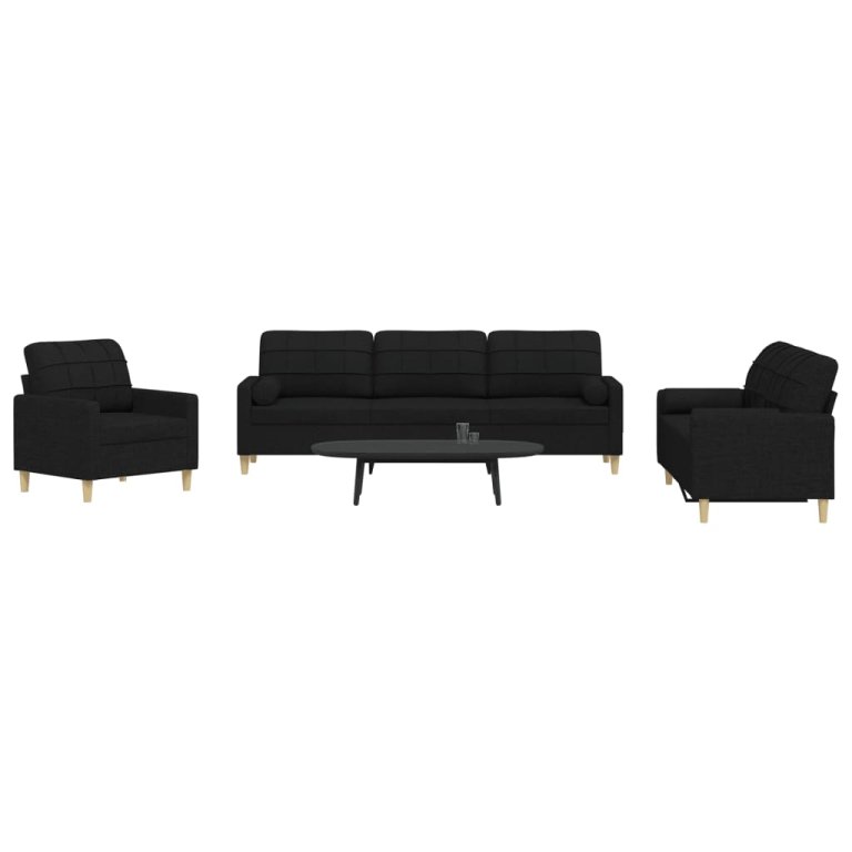 3-dijelni set sofa s ukrasnim jastucima crni od tkanine