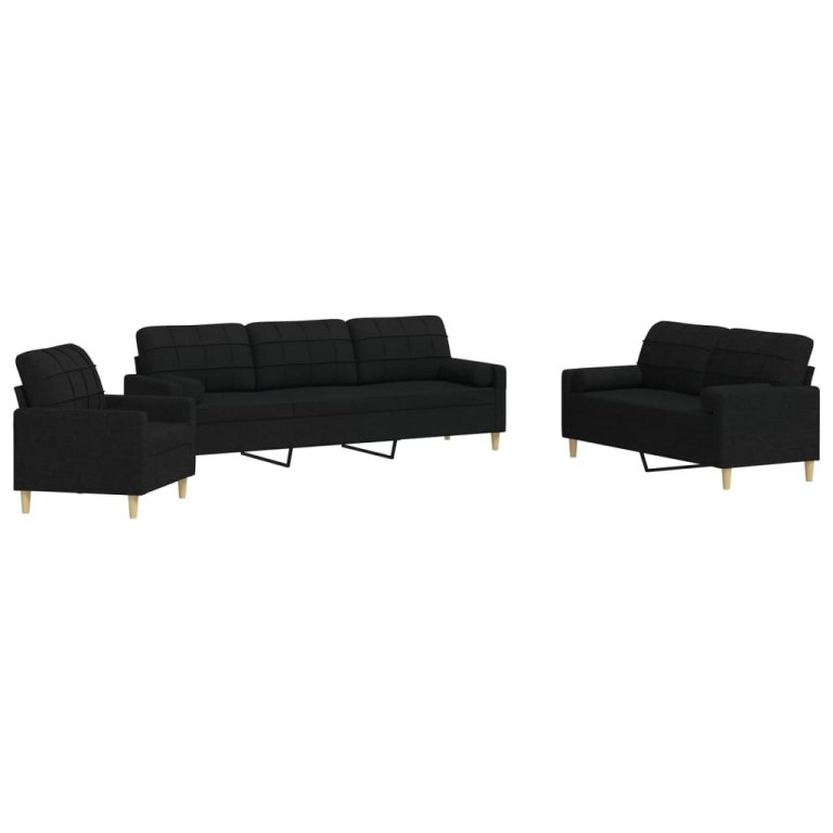 3-dijelni set sofa s ukrasnim jastucima crni od tkanine