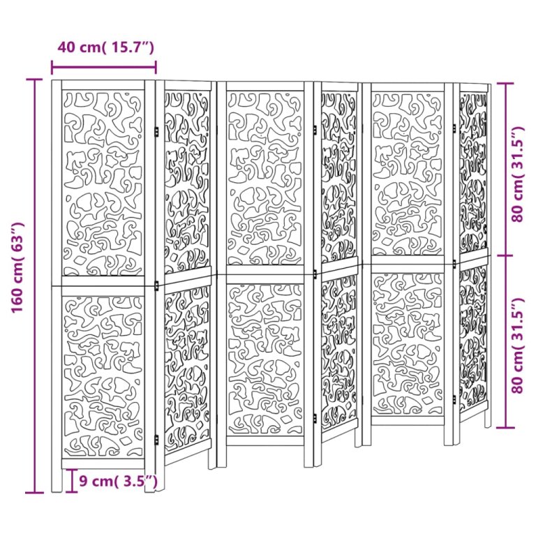 Sobna pregrada s 6 panela crno od masivnog drva paulovnije