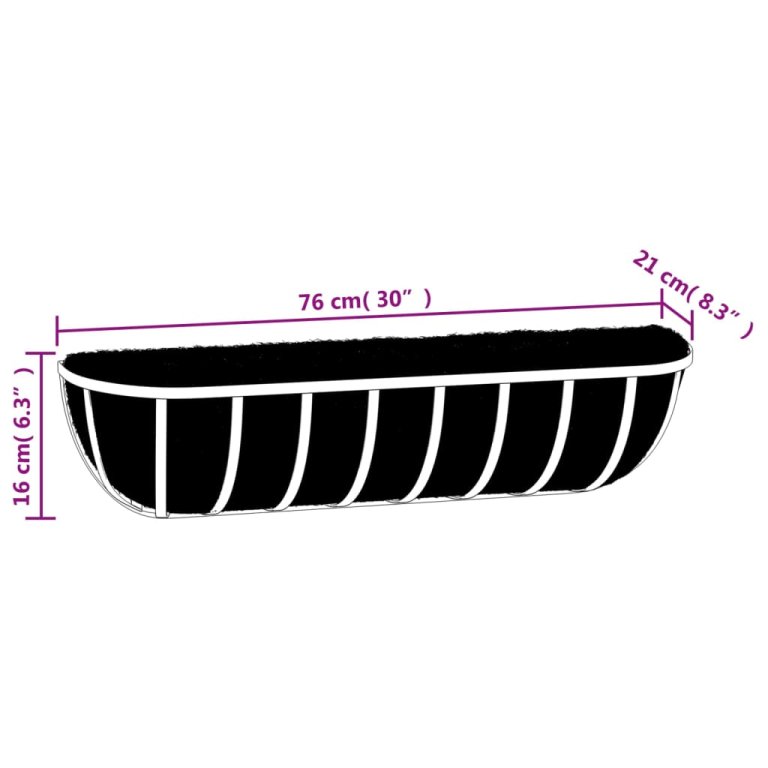 Zidna korita crna 2 kom obloge od kokosa 76x21x16 cm čelična