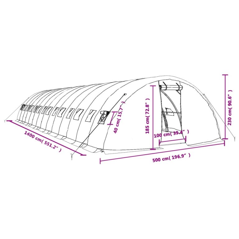 Staklenik s čeličnim okvirom zeleni 70 m² 14 x 5 x 2,3 m