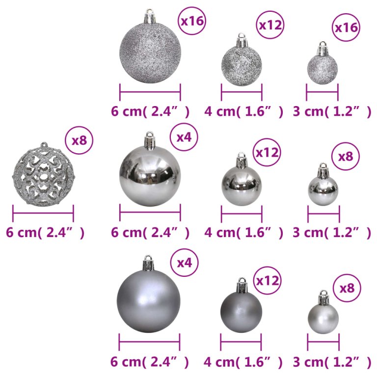 Božićne kuglice 100 kom sive 3/4/6 cm