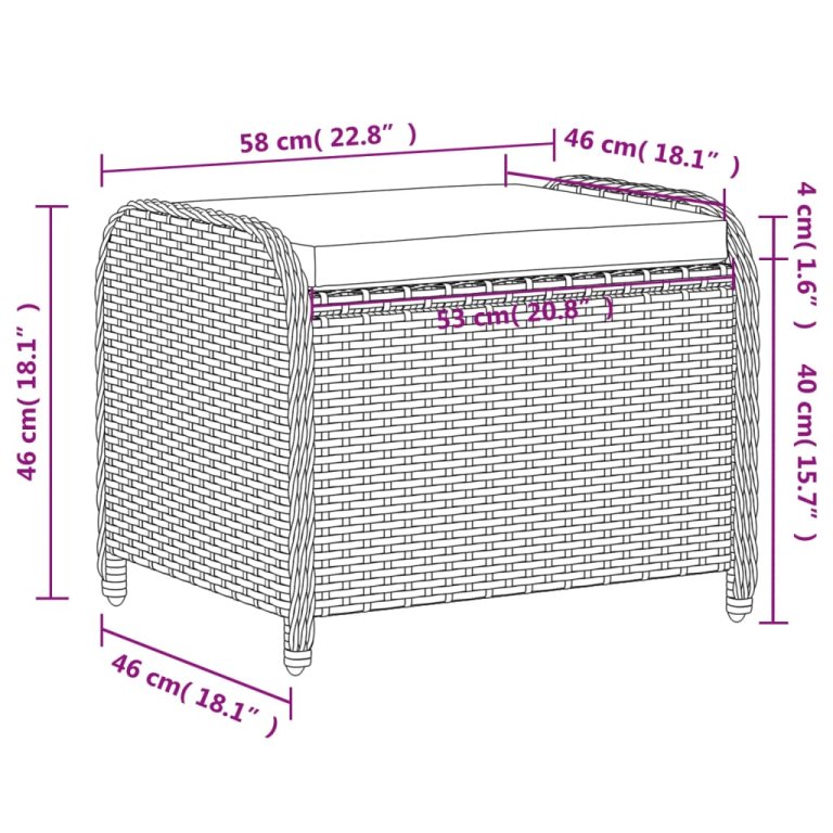 Vrtni tabure s jastukom sivi 58x46x46 cm od poliratana