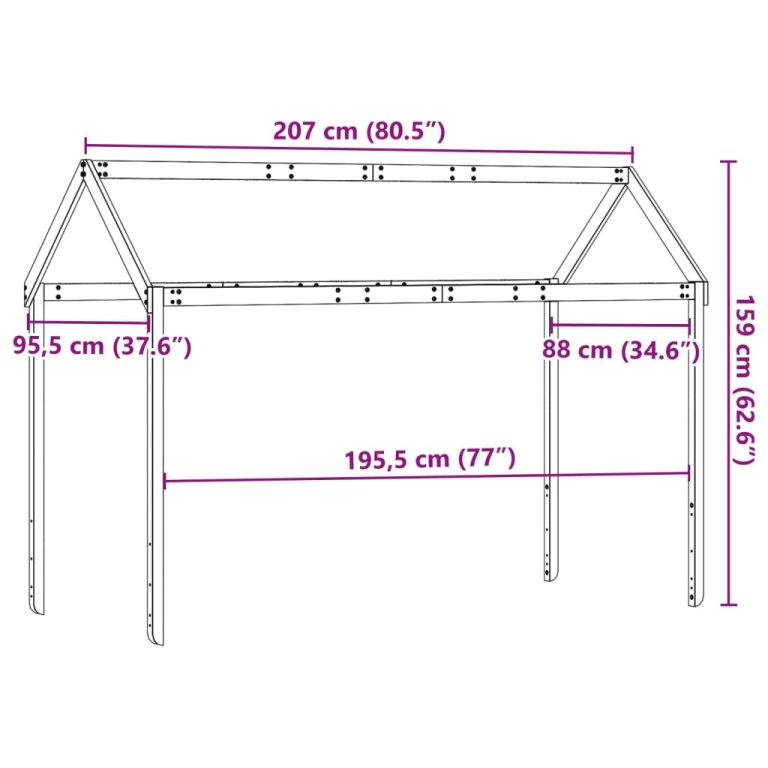 Krov za dječji krevet bijeli 207x95,5x159 cm masivna borovina