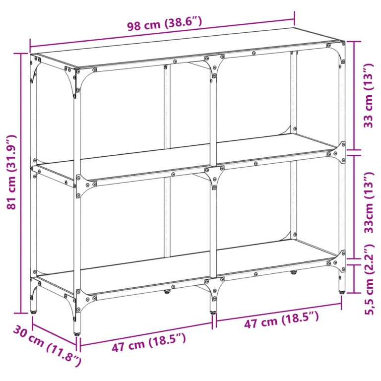 Konzolni stol s crnom staklenom površinom 98x30x81 cm čelični