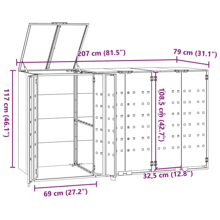 Spremište za 3 kante za otpad crno 207 x 79 x 117 cm čelično