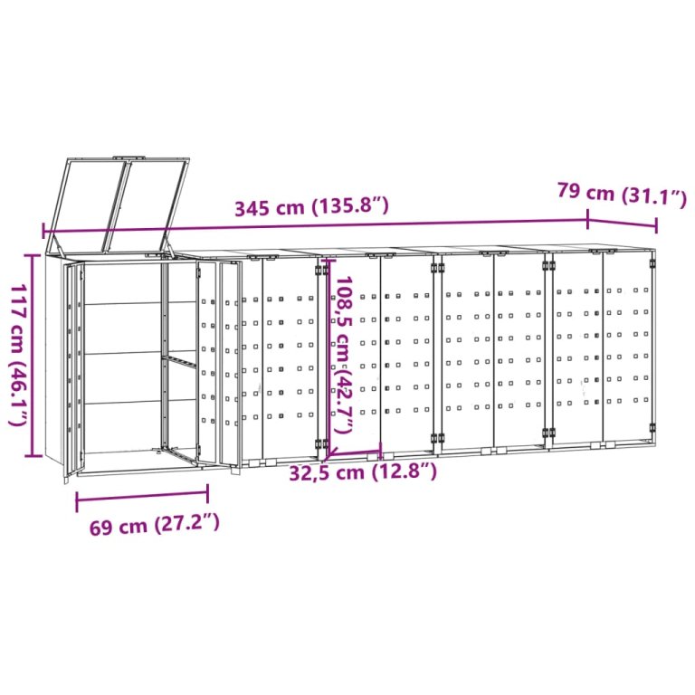 Spremište za 5 kanta za otpad sivo 345x79x117 cm čelično