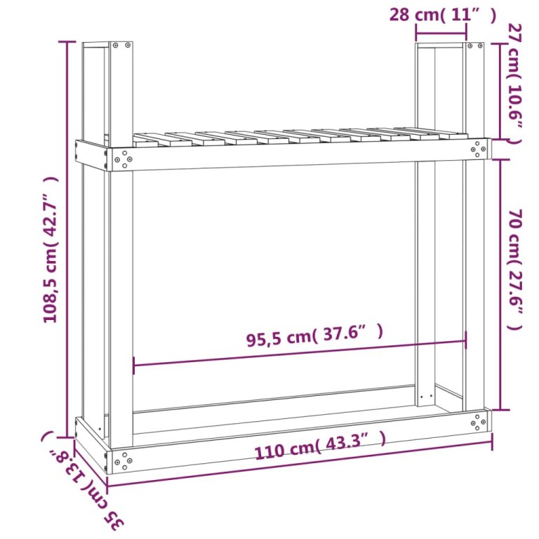 Stalak za drva za ogrjev 110x35x108,5 cm od masivne borovine