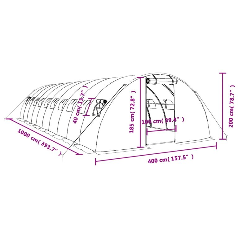 Staklenik s čeličnim okvirom zeleni 40 m² 10 x 4 x 2 m