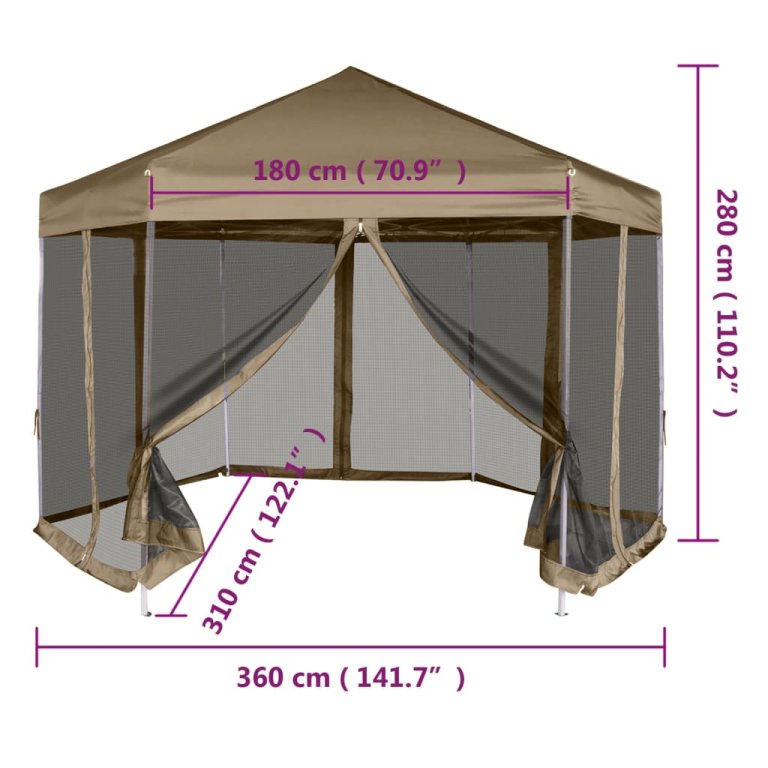 Šesterokutni šator sa stijenkama 3,6 x 3,1 m smeđesivi 220 g/m²