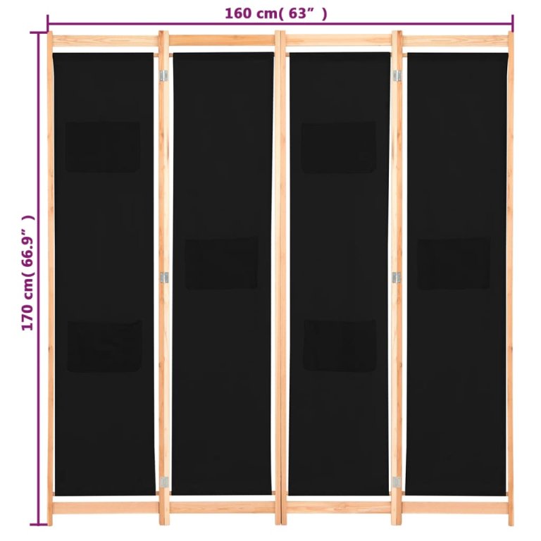 Sobna pregrada s 4 panela od tkanine 160 x 170 x 4 cm crna