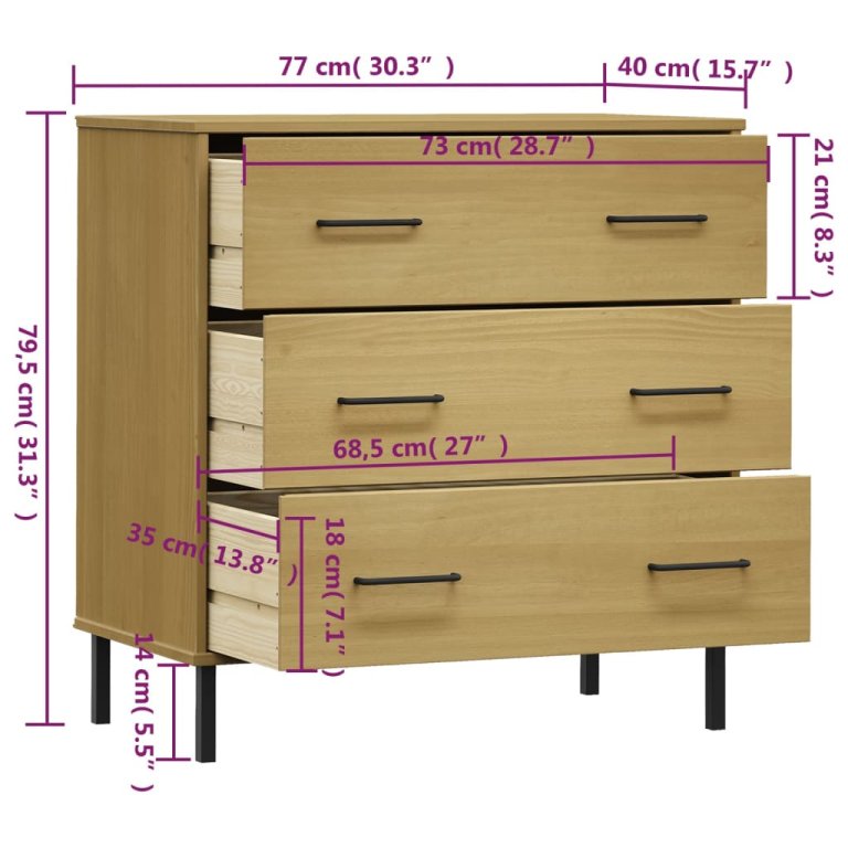 Komoda s 3 ladice smeđa 77 x 40 x 79,5 cm od masivnog drva OSLO