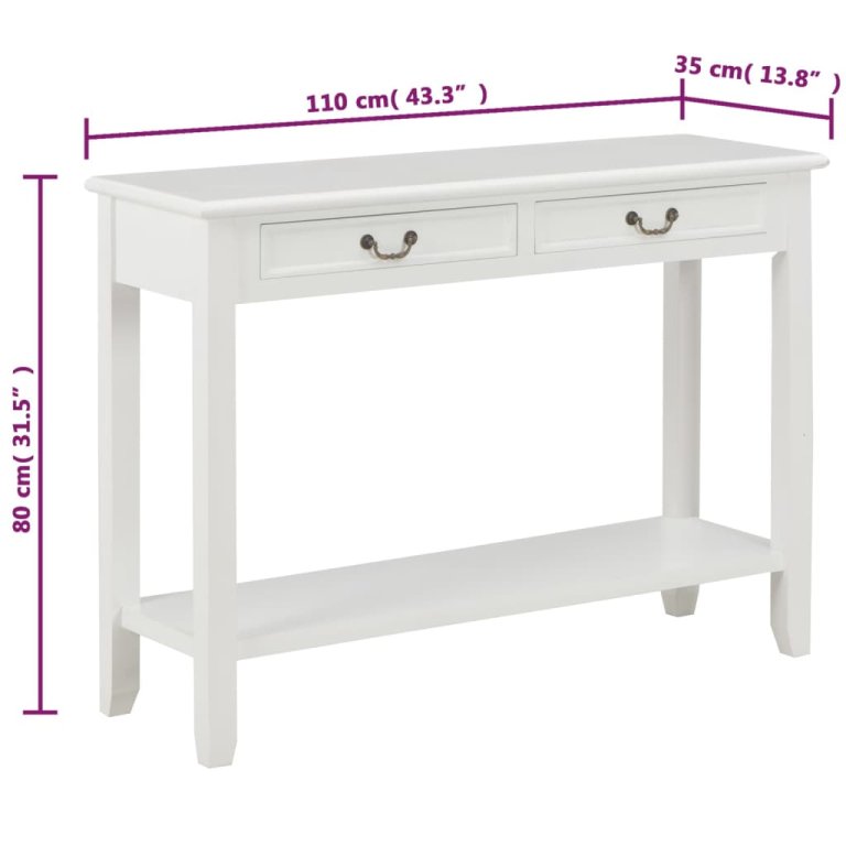 Konzolni stol bijeli 110 x 35 x 80 cm drveni