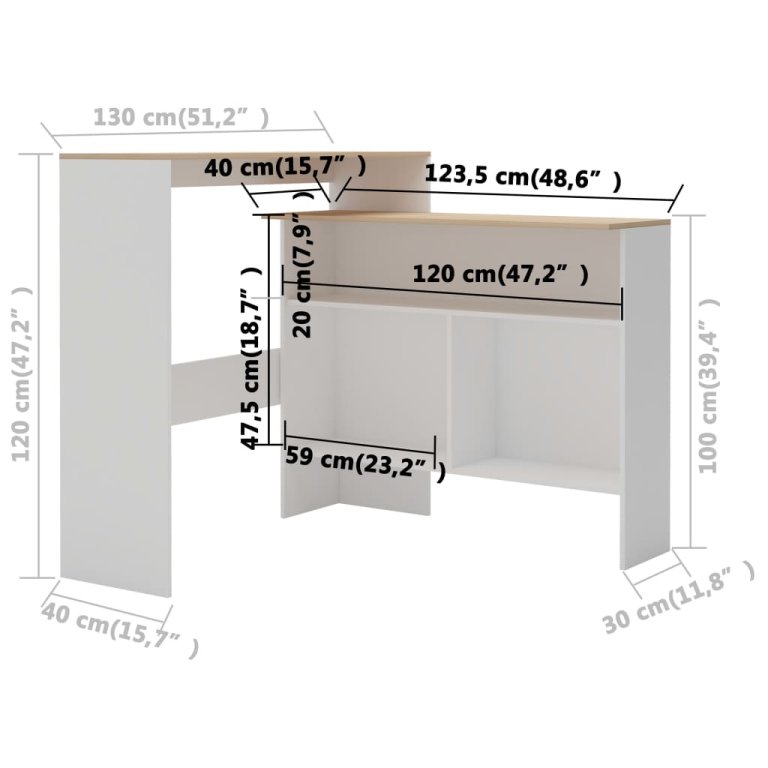 Barski stol s 2 stolne ploče bijelo i boja hrasta 130x40x120 cm