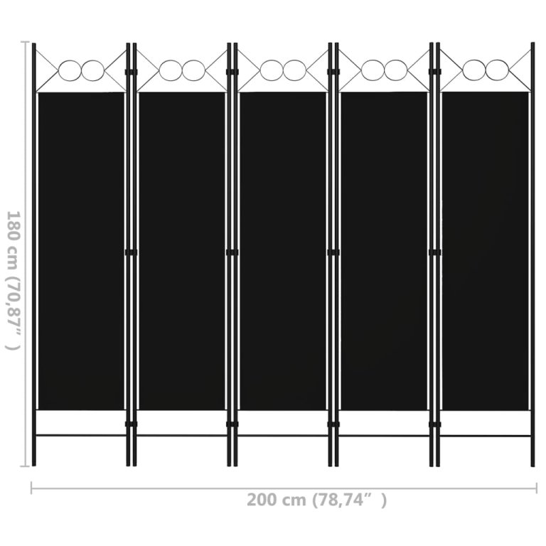 Sobna pregrada s 5 panela crna 200 x 180 cm