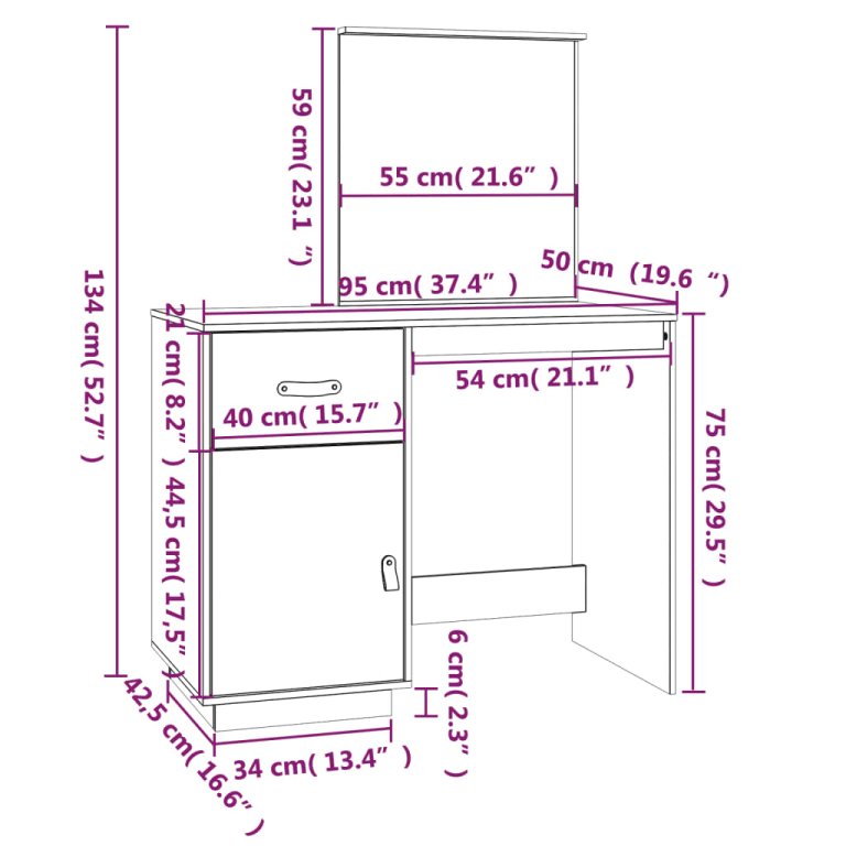 Toaletni stolić crni 95 x 50 x 134 cm od masivne borovine