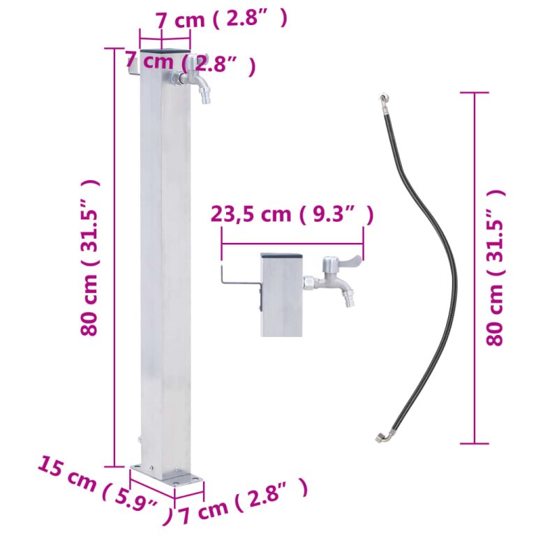 Vrtni stup za vodu 80 cm od nehrđajućeg čelika četvrtasti